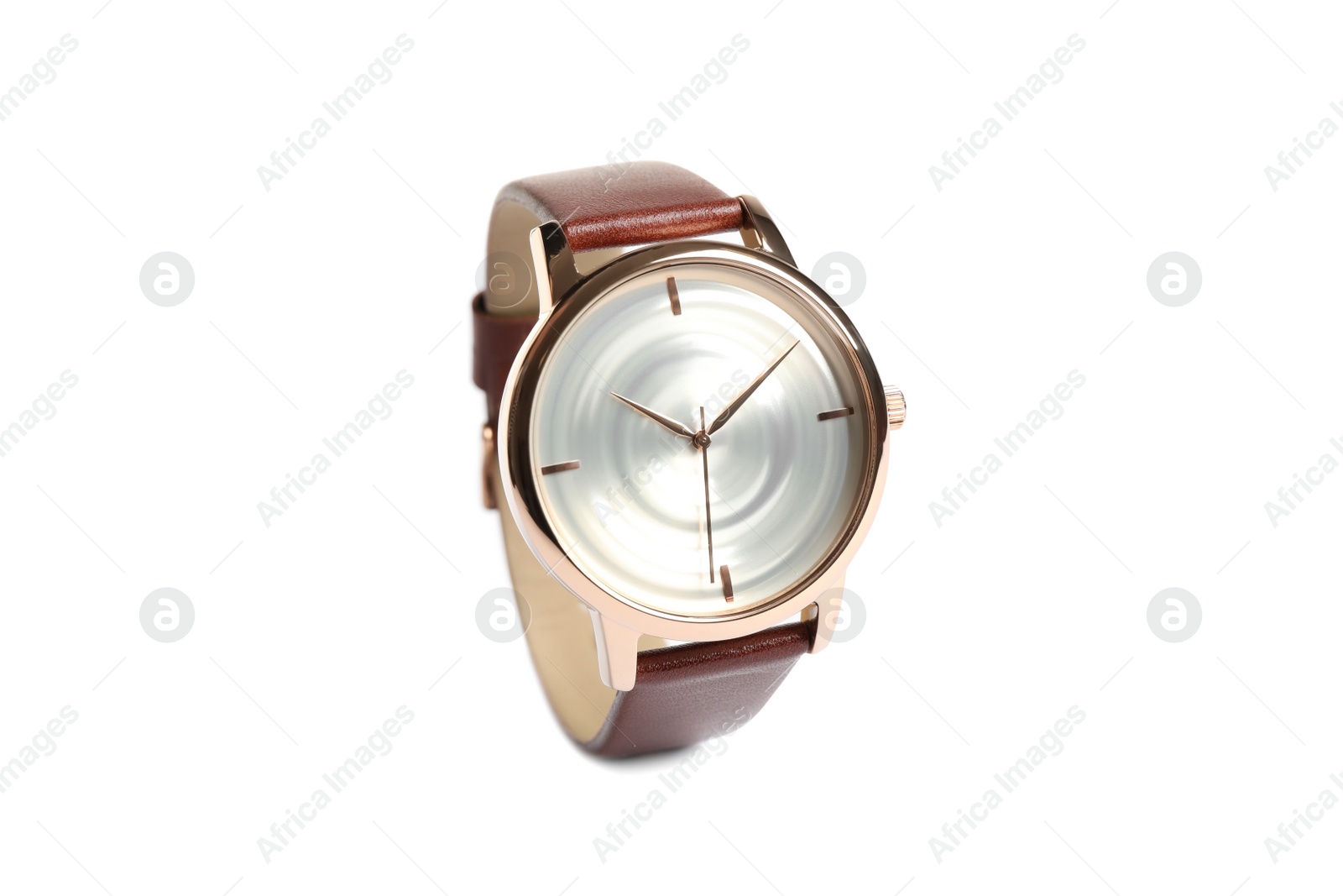 Photo of Golden luxury watch with brown leather band isolated on white