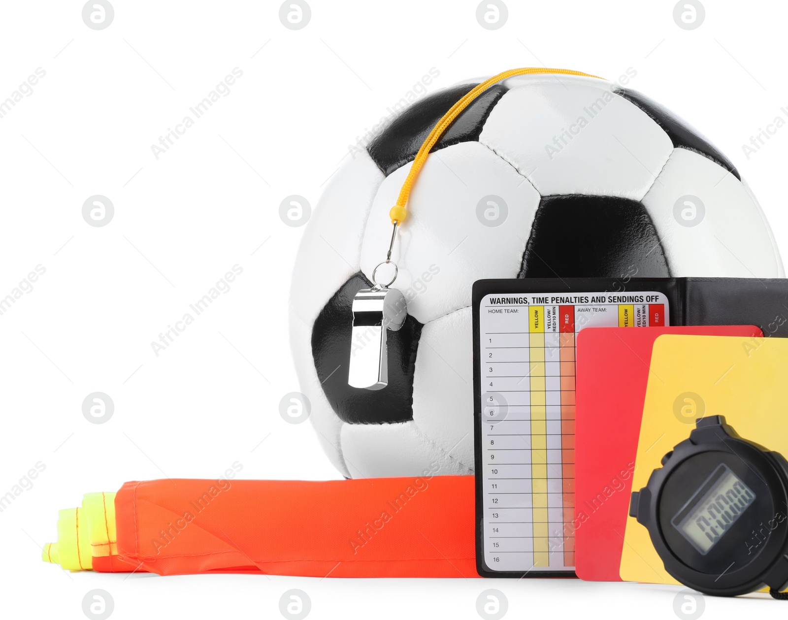 Photo of Soccer ball and different referee equipment isolated on white