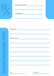 Medical prescription form with empty fields (Patient Name, Address, Diagnosis, Date and Signature)