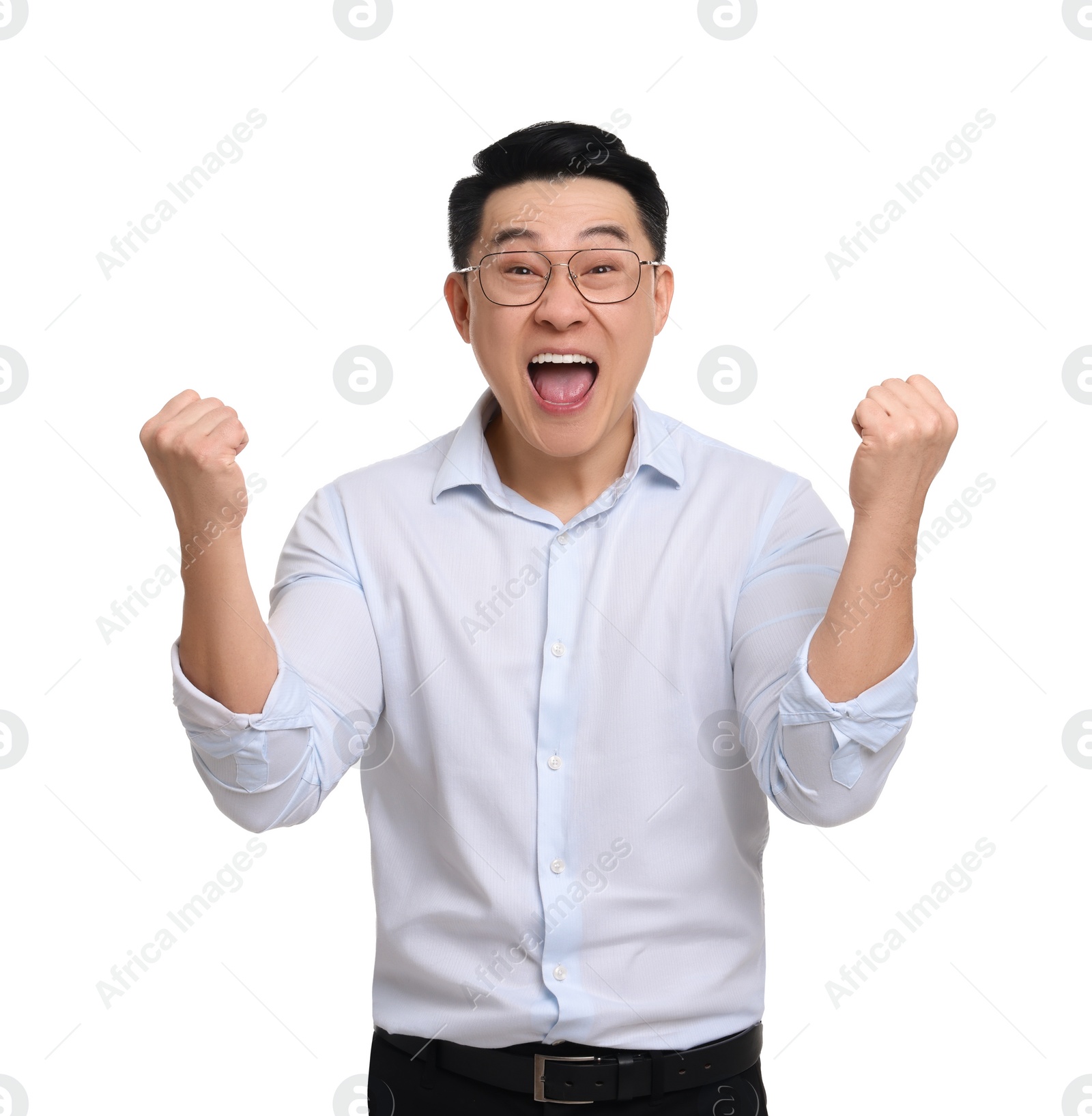 Photo of Emotional businessman in formal clothes posing on white background