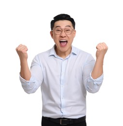 Emotional businessman in formal clothes posing on white background