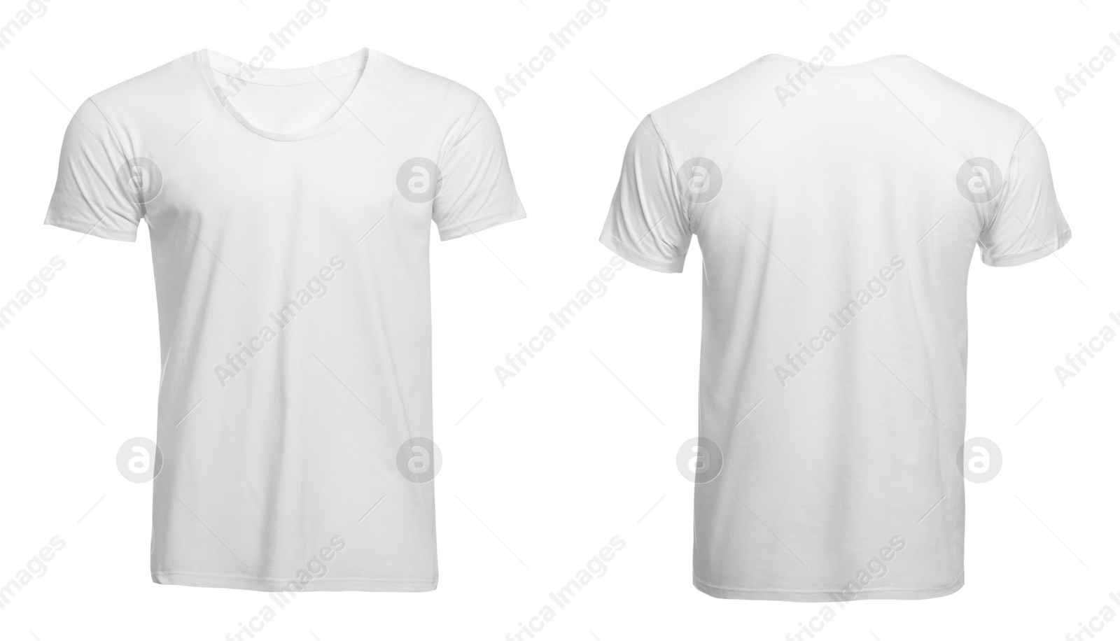 Image of Stylish basic t-shirt on white background, front and back views. Space for design