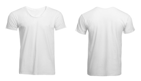 Stylish basic t-shirt on white background, front and back views. Space for design