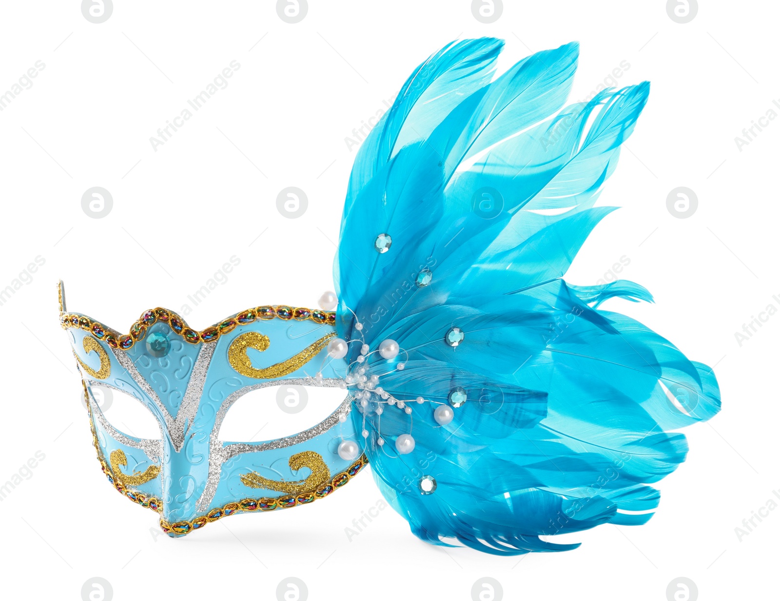 Photo of Beautiful light blue carnival mask with feathers isolated on white