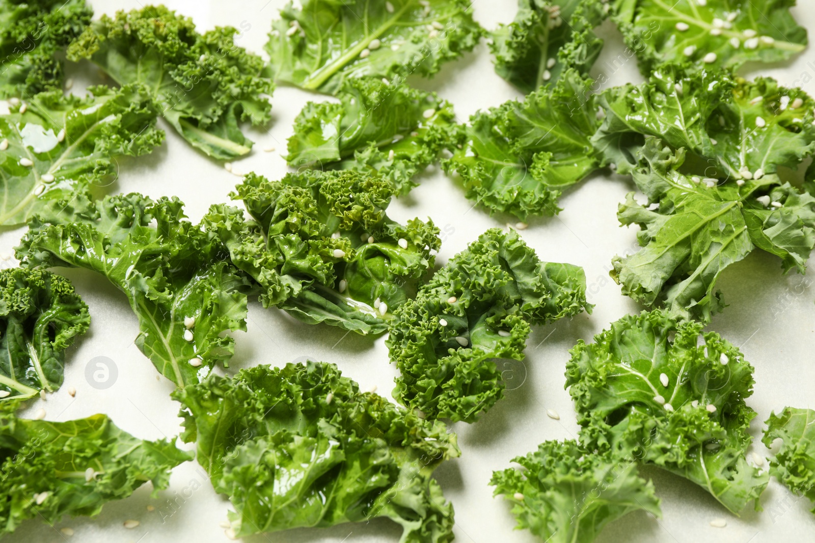 Photo of Raw cabbage leaves on parchment paper, closeup. Preparing kale chips