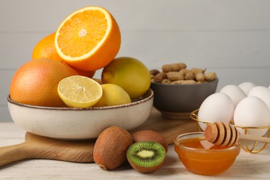 Photo of Allergenic food. Different fresh products on table, closeup