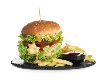 Photo of Burger with delicious patty, french fries and sauce isolated on white