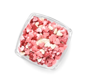 Sweet candy hearts in bowl on white background, top view