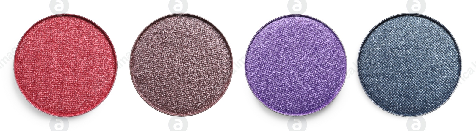 Image of Set of beautiful different eye shadow refill pans on white background