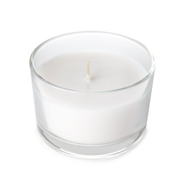 Candle in glass holder on white background