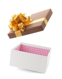 Photo of Open empty gift box with bow on white background