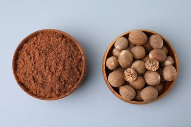 Photo of Nutmeg powder and seeds on white background, flat lay
