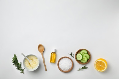 Photo of Fresh ingredients for homemade effective acne remedy on white background