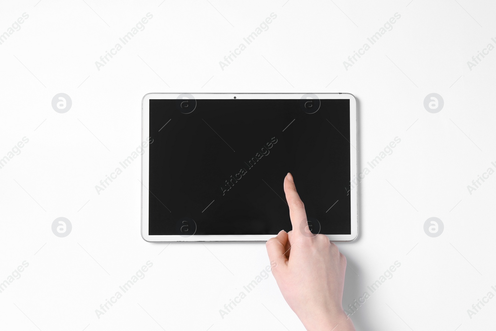 Photo of Online store. Woman using tablet on white background, top view