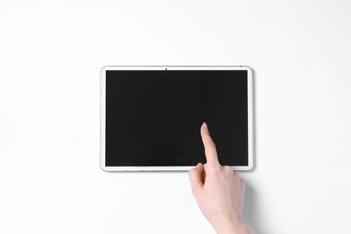 Online store. Woman using tablet on white background, top view