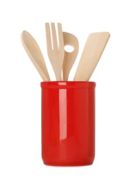 Photo of Set of kitchen utensils in red holder isolated on white