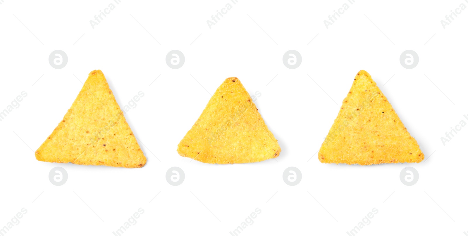 Photo of Tasty Mexican nachos chips on white background, top view