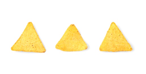 Photo of Tasty Mexican nachos chips on white background, top view