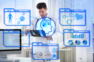 Image of Double exposure of doctor working in clinic and machine learning model 
