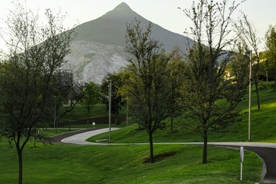 Footpath in park with green grass near mountain