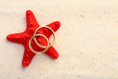 Honeymoon concept. Two golden rings and sea star on sand, top view. Space for text