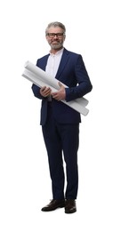 Photo of Architect in glasses holding drafts on white background