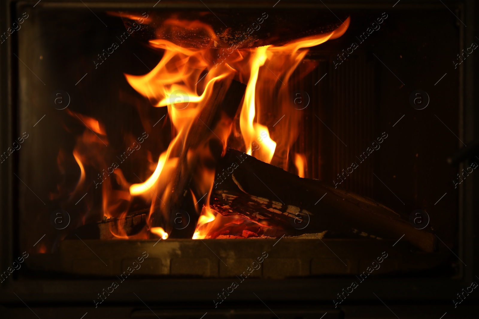 Photo of Bonfire with burning firewood on dark background, closeup