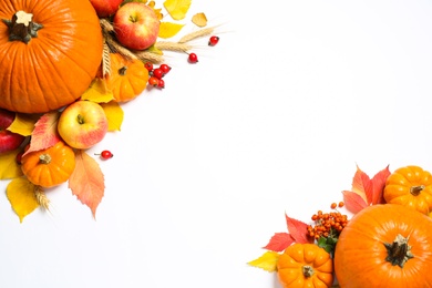 Photo of Frame of ripe pumpkins and autumn leaves on white background, flat lay with space for text. Happy Thanksgiving day