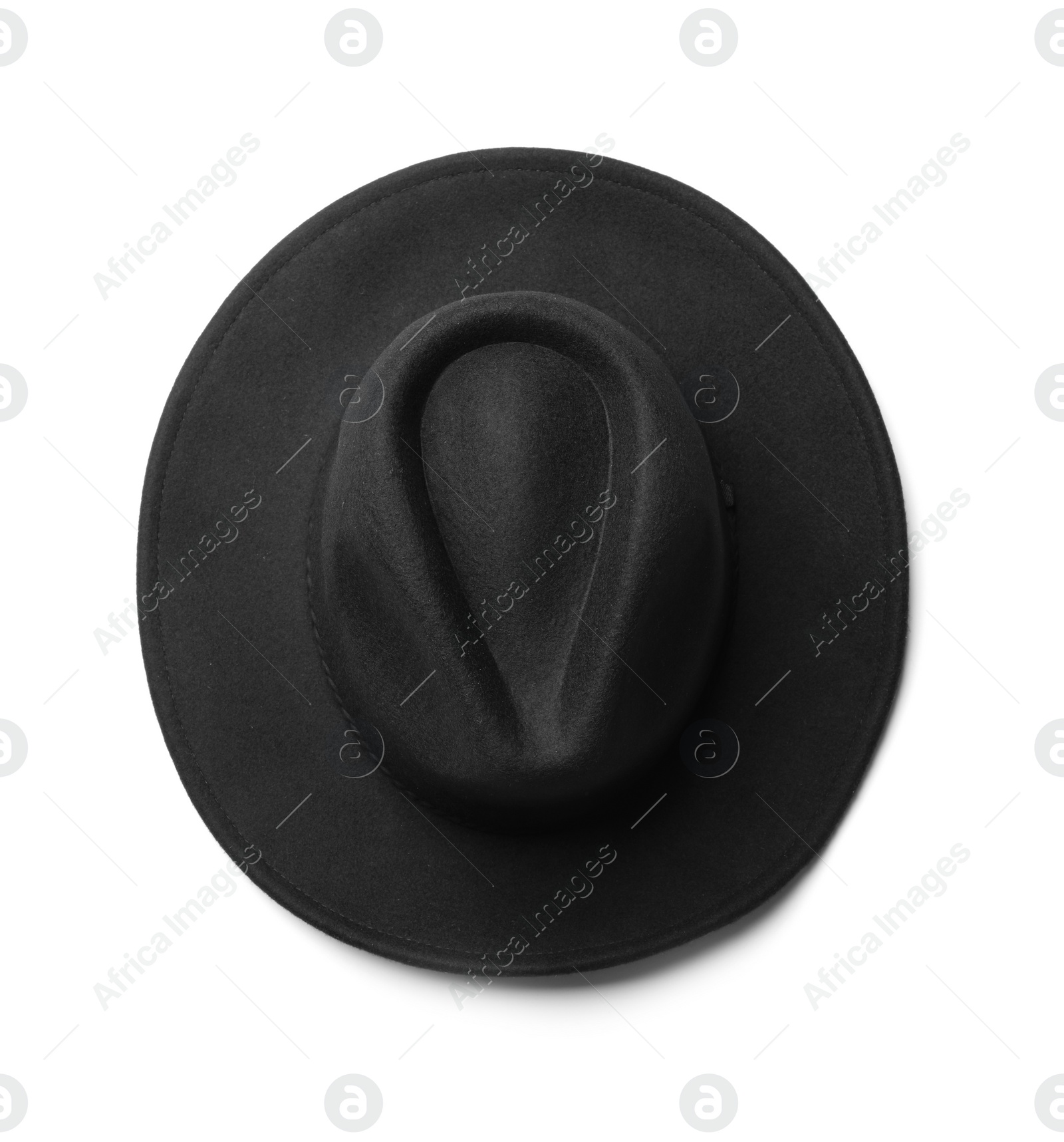 Photo of Stylish black hat isolated on white, top view
