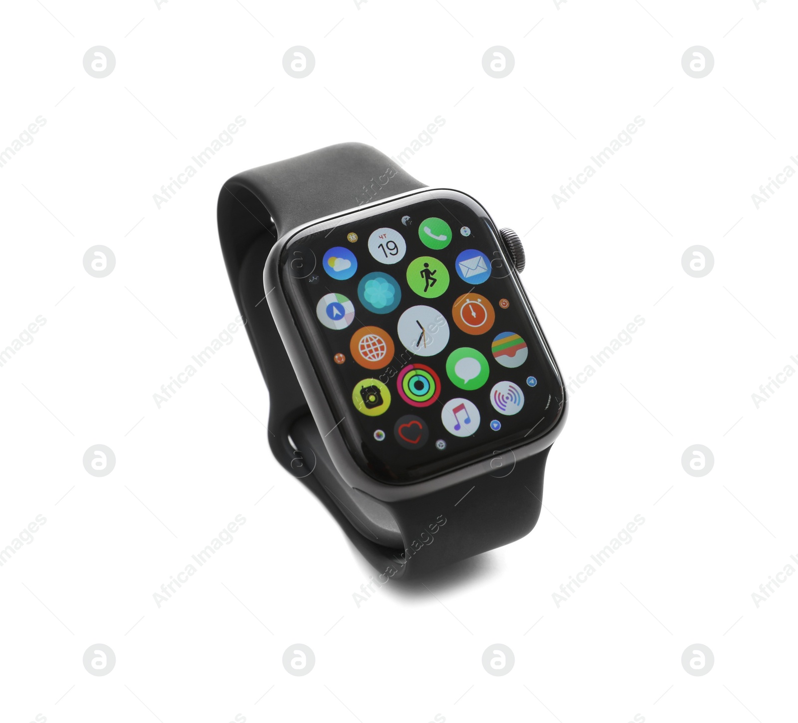 Image of MYKOLAIV, UKRAINE - SEPTEMBER 19, 2019: Apple Watch with home screen isolated on white