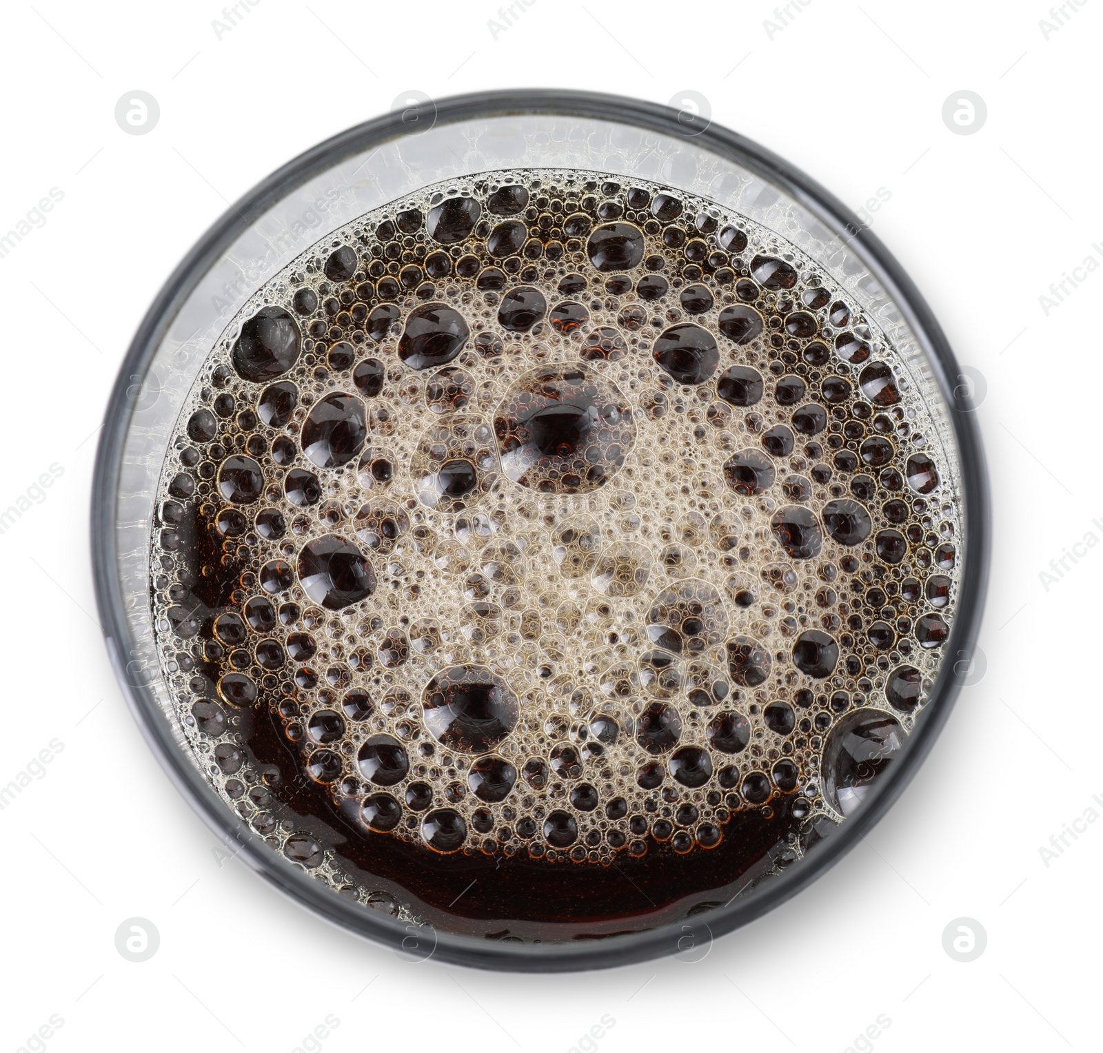 Photo of Full glass of beer isolated on white, top view