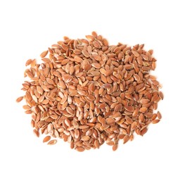 Photo of Pile of linseeds on white background, top view. Vegetable planting