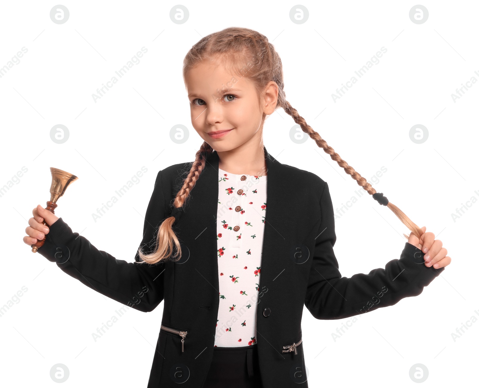 Photo of Pupil with school bell on white background