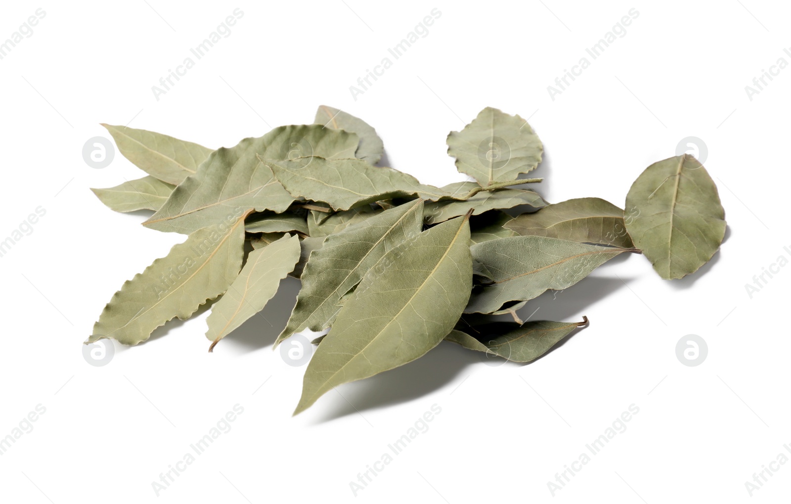 Photo of Pile of aromatic bay leaves on white background