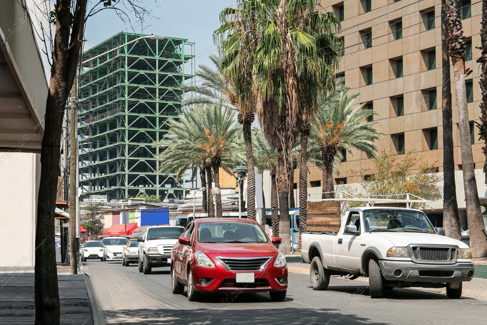 Photo of Beautiful view of city street with modern buildings and palm trees