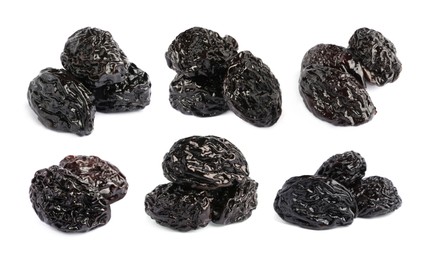 Image of Set with sweet dried prunes on white background 