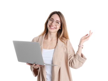 Photo of Portrait of happy young woman in office wear with laptop on white background