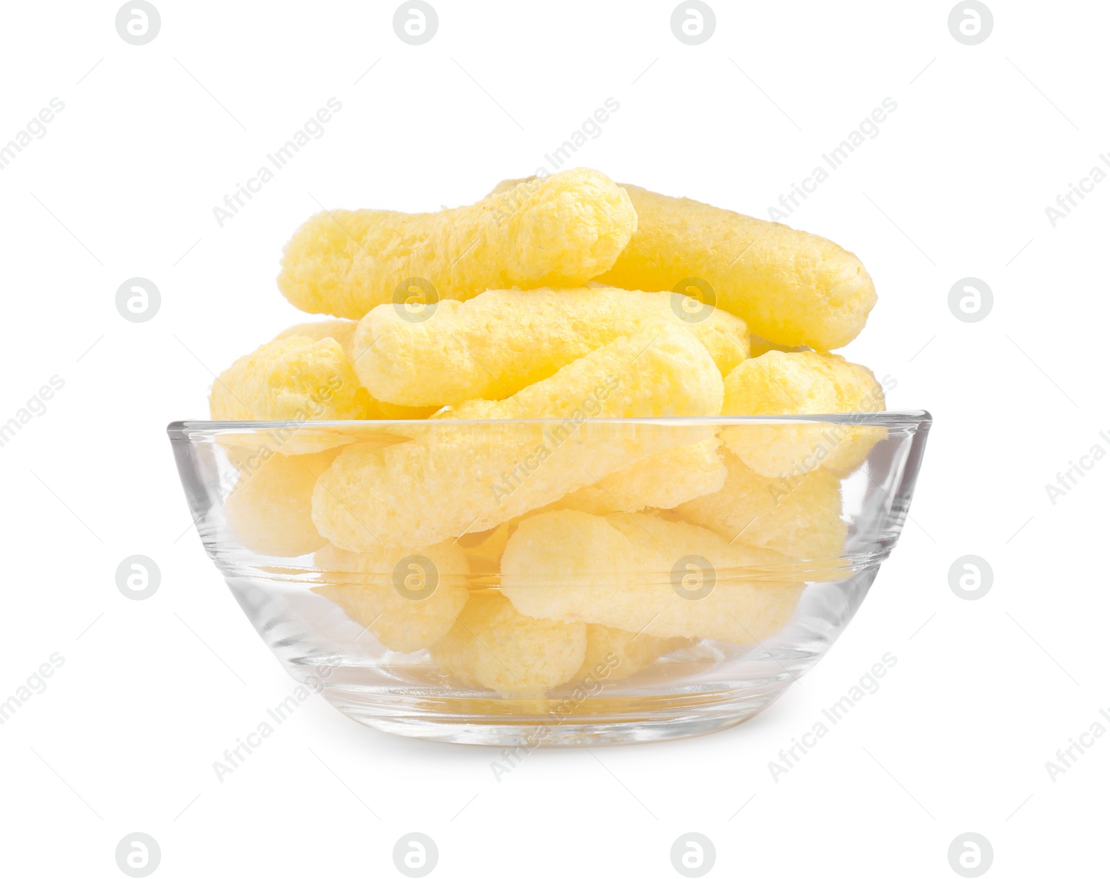 Photo of Glass bowl of sweet corn sticks isolated on white