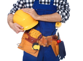 Photo of Construction worker with tool belt on white background, closeup