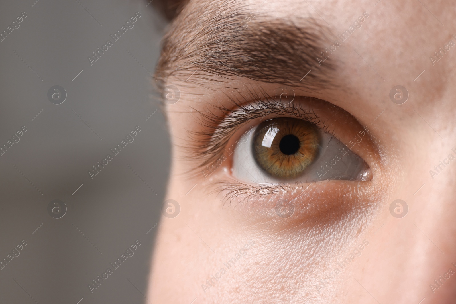 Photo of Man with beautiful eyes on blurred background, closeup. Space for text