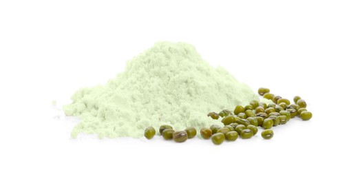 Photo of Pile of mung bean flour and seeds isolated on white