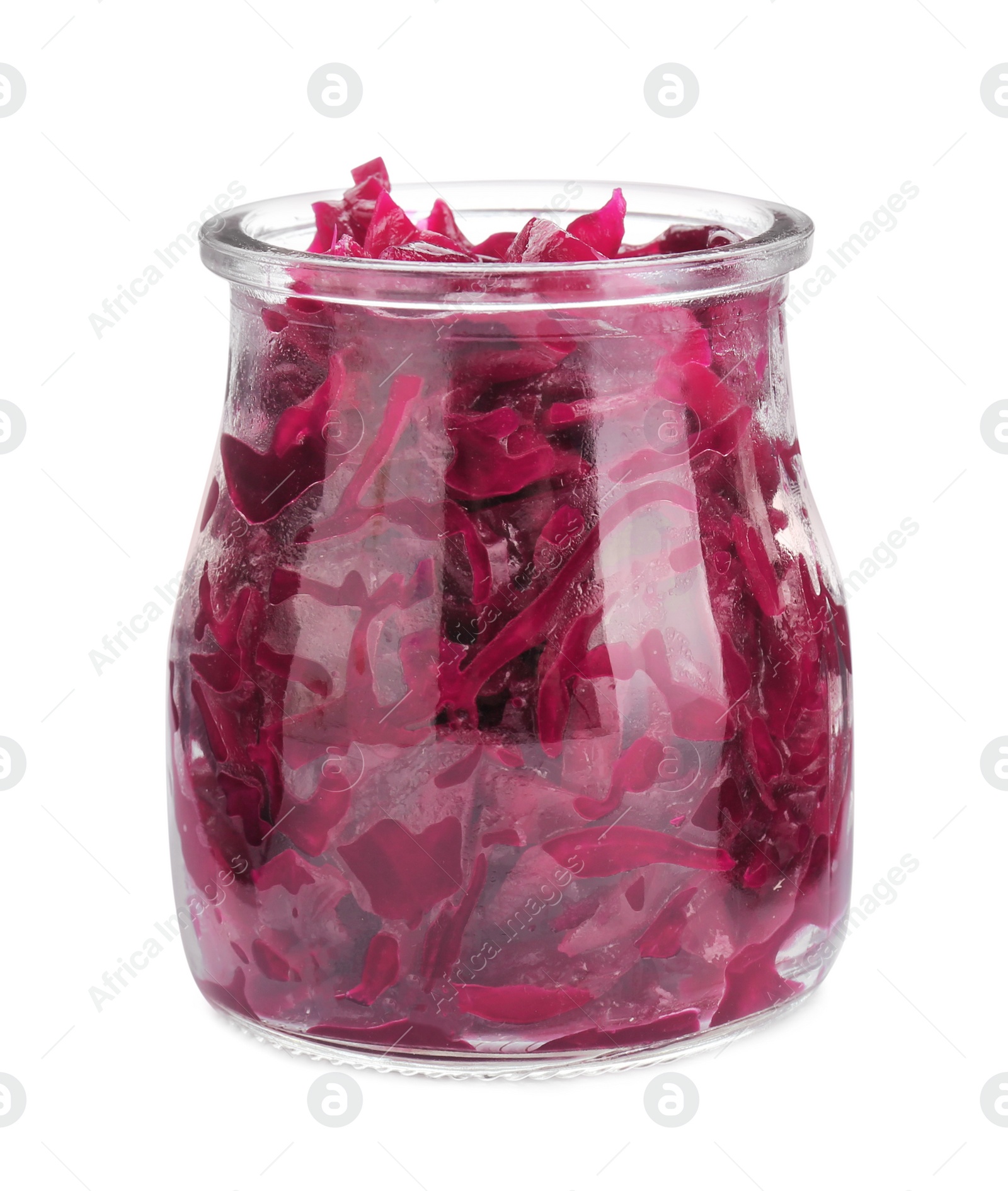 Photo of Glass jar of tasty red cabbage sauerkraut isolated on white