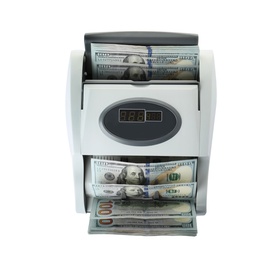 Photo of Modern electronic bill counter with money on white background, top view