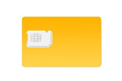 Modern yellow SIM card isolated on white, top view