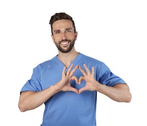 Photo of Doctor making heart with hands on white background