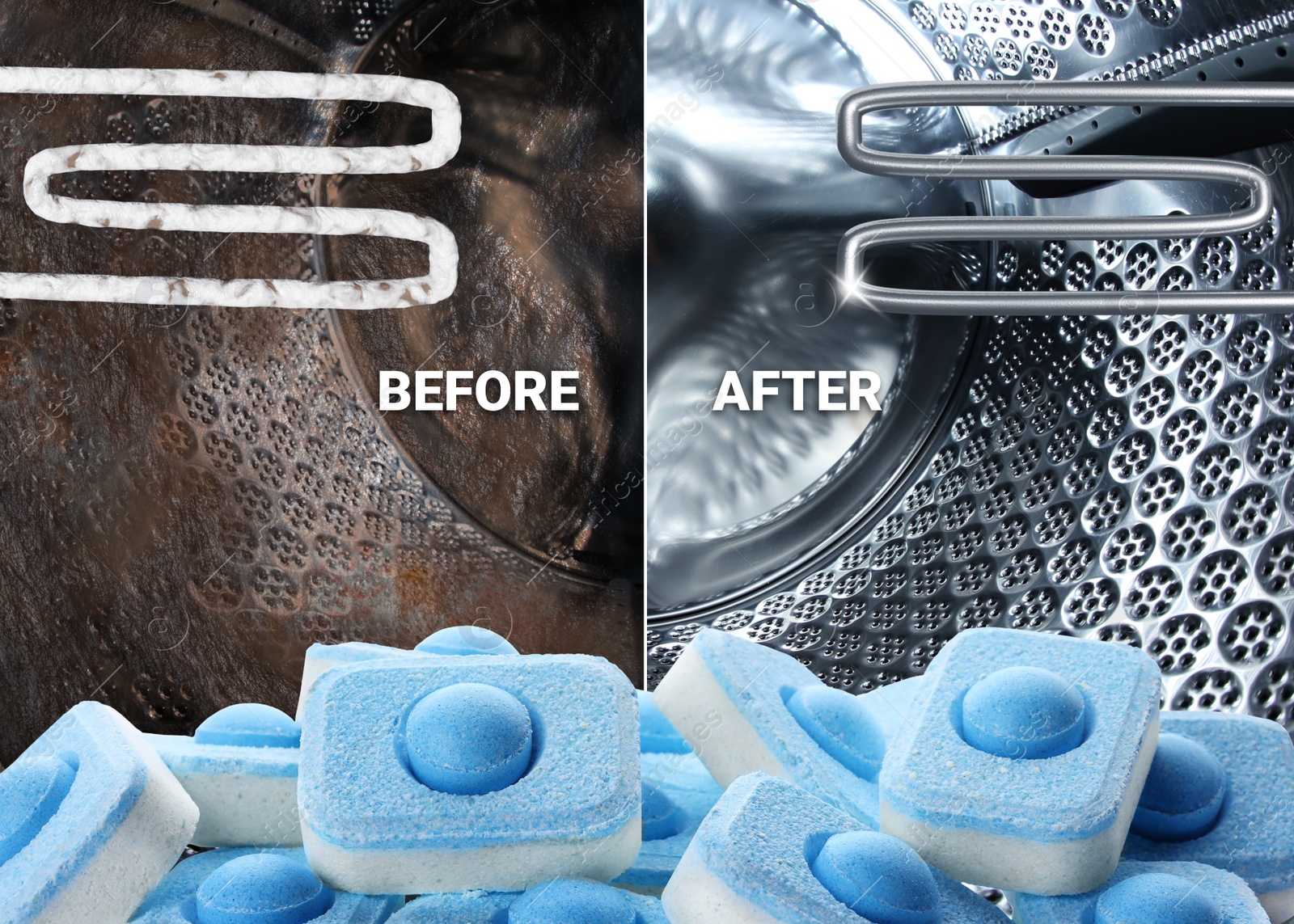 Image of Drum and heating element of washing machine before and after using water softener tablets, collage
