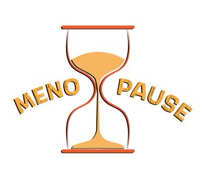 Illustration of hourglass and word MENOPAUSE on white background. Concept of impending climacteric