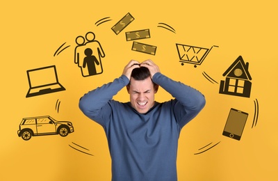Overwhelmed man and illustration of different tasks around him on yellow background