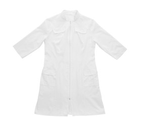 Photo of Medical uniform isolated on white, top view. Professional work clothes