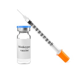 Monkeypox vaccine in glass vial and syringe on white background
